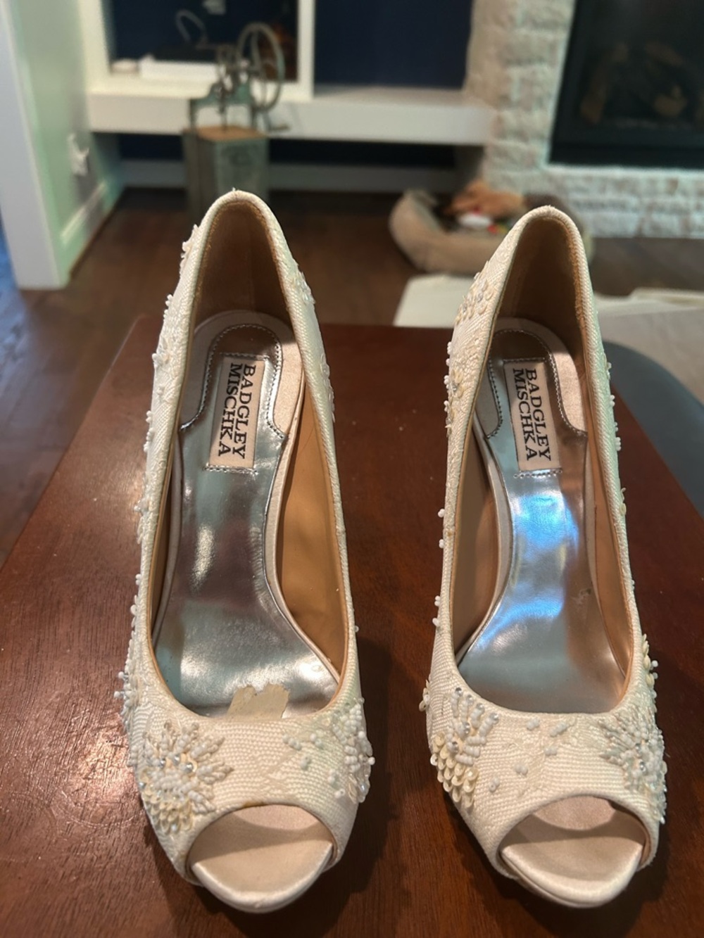 Badgley Mischka Ivory Beaded Peep-Toe Heels